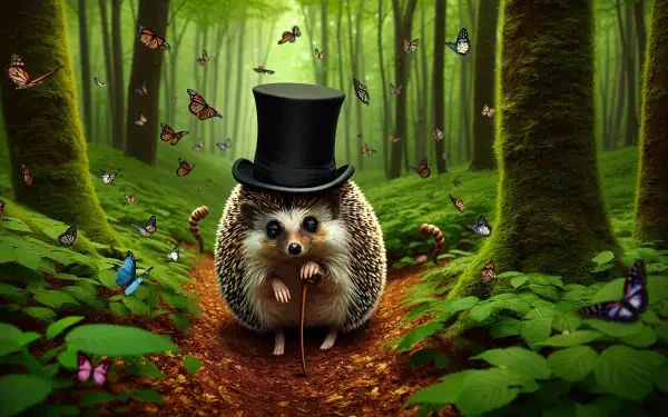A charming woodland creature, a hedgehog in a top hat, strolls through a vibrant, butterfly-filled forest. This whimsical scene makes for an enchanting 4K Ultra HD PC desktop wallpaper.