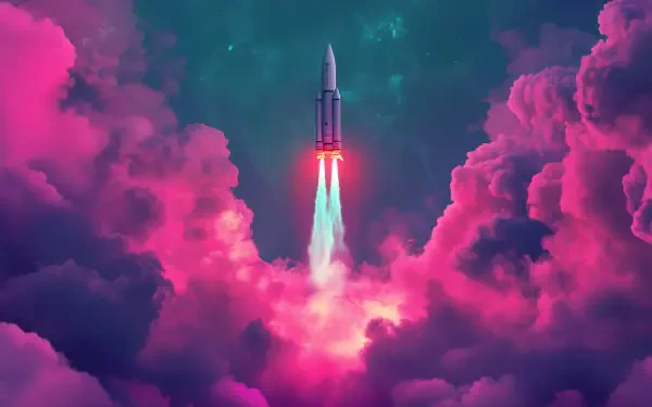 A vibrant rocket launches into a colorful cloud of pink and purple, set against a cosmic background, creating a stunning 4K Ultra HD desktop wallpaper.