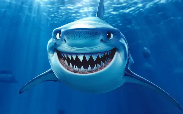 A vibrant HD desktop wallpaper featuring Bruce, the friendly shark from the movie *Finding Nemo*, swimming in a stunning underwater scene with a playful smile.