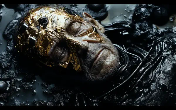 A sci-fi portrayal of a dying god emperor, featuring a close-up of an aging face partially covered in gold, surrounded by dark, swirling liquid, creating a dramatic, surreal atmosphere.