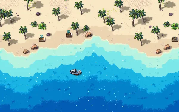 A vibrant HD desktop wallpaper featuring a beach scene from the video game Streets of Rogue 2, showcasing palm trees, sandy shores, and a tranquil blue ocean with a small boat.