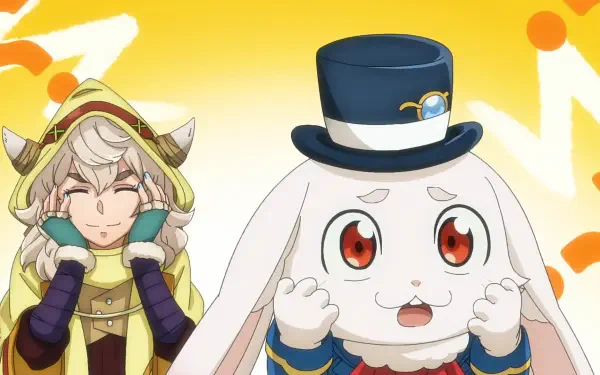 Anime HD desktop wallpaper featuring Emul and Animalia from Shangri-la Frontier with vibrant yellow and white background.