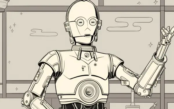 A stylized HD desktop wallpaper featuring C-3PO from Star Wars, showcasing the iconic droid in a line art style against a minimalist background.