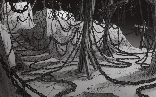 Dark and atmospheric wallpaper from the video game Slay the Princess — The Pristine Cut, featuring a haunting landscape of chains and twisted paths. Perfectly captures the game's unique aesthetic.
