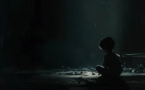 A sad child sits alone in shadow, illuminated by faint light, creating a poignant atmosphere. This 4K Ultra HD wallpaper captures a moment of solitude and reflection.