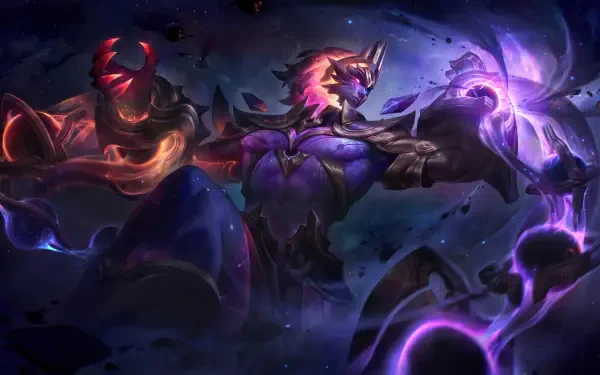 High-resolution 8K wallpaper featuring Sylas from League of Legends, showcasing his powerful stance surrounded by vibrant magical elements in a dark, mystical setting.