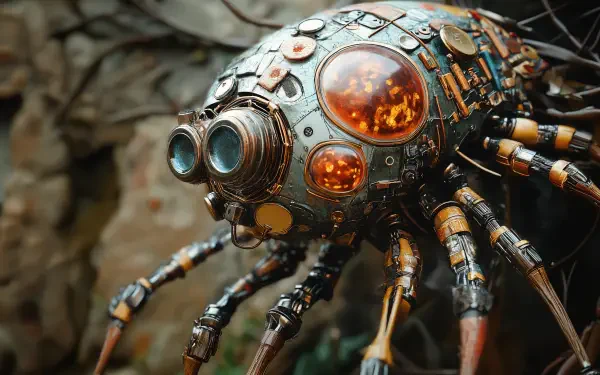 A detailed robotic organism with multiple legs and glowing elements, set against a textured background, showcasing a sci-fi theme in stunning 4K Ultra HD.