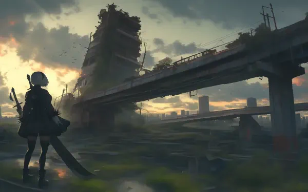 A stunning HD wallpaper featuring YoRHa No.2 Type B from NieR: Automata, set against a post-apocalyptic landscape with crumbling structures and a dramatic sunset.