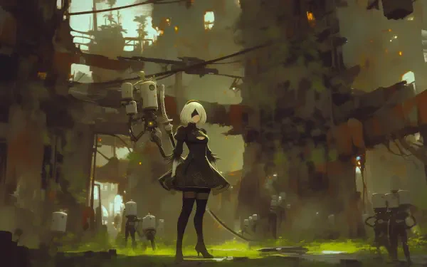 A high-definition wallpaper featuring YoRHa No.2 Type B from the video game NieR: Automata, set against a backdrop of a dystopian, overgrown cityscape.