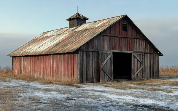 A rustic red barn stands against a serene landscape, featuring weathered wood and a classic design, showcased in a stunning 4K Ultra HD desktop wallpaper.