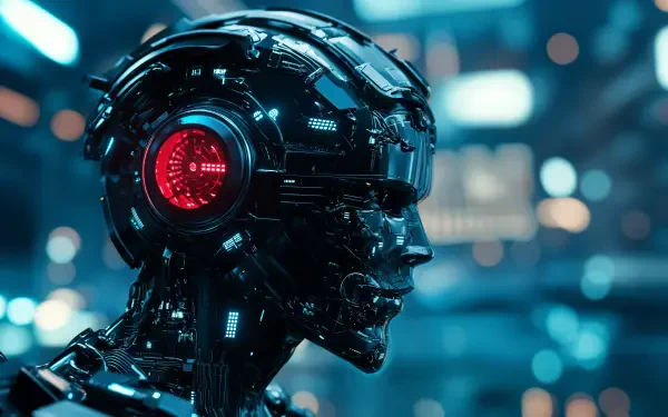 A sleek, black robot with a glowing red eye, set against a futuristic backdrop, embodies the essence of a sci-fi AI uprising in this striking 4K Ultra HD wallpaper.