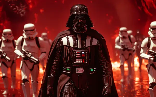 A dramatic 4K Ultra HD wallpaper featuring Darth Vader leading a group of stormtroopers against a fiery background, capturing the essence of Star Wars.