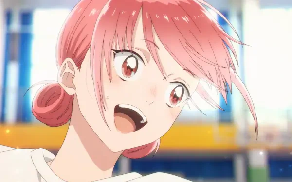 Anime HD PC desktop wallpaper of Hina Chouno from Blue Box — sunlit close-up of a pink-haired girl laughing, bright eyes and a blurred blue-yellow background.