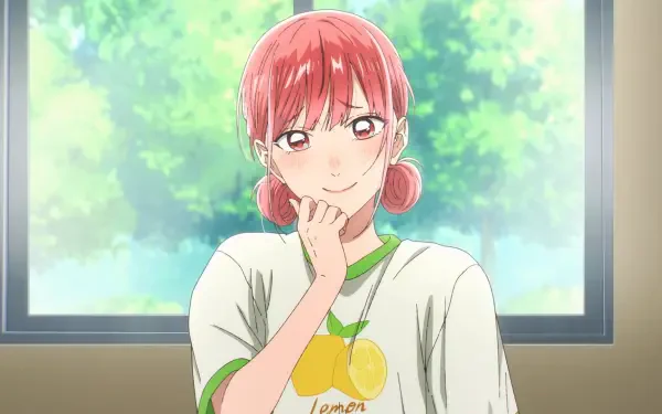 Anime HD desktop wallpaper featuring Hina Chouno from Blue Box, smiling gently with a blurred green outdoor background visible through a window behind her.