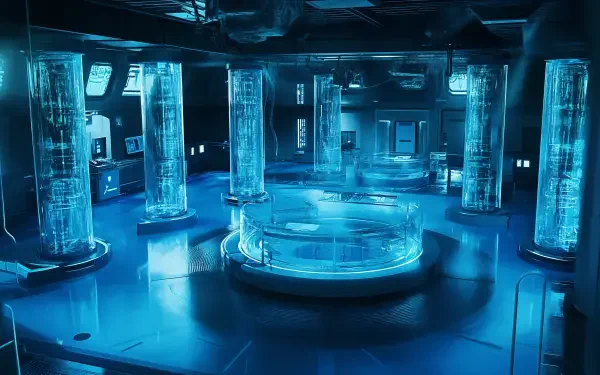 A futuristic cloning facility featuring illuminated glass chambers and a sleek, high-tech environment, rendered in stunning 4K Ultra HD for an immersive sci-fi experience.