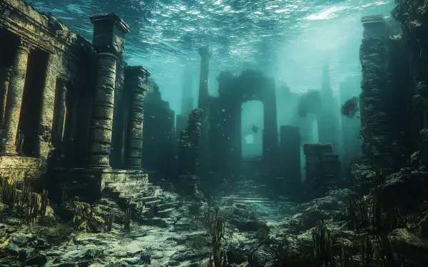 Underwater ruins of a lost civilization, featuring ancient columns and stone structures, illuminated by shimmering water, captured in stunning 4K Ultra HD for a captivating desktop wallpaper.