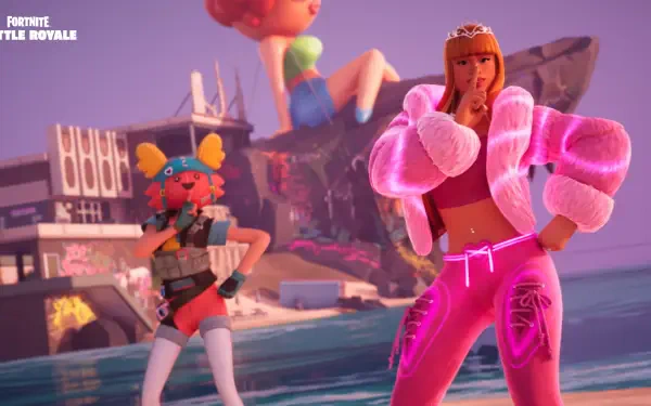 HD Fortnite desktop wallpaper featuring vibrant characters inspired by Ice Spice in a dynamic, colorful battle royale setting.