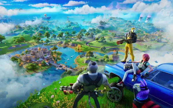 4K Ultra HD Fortnite video game wallpaper showing characters overlooking a vibrant landscape with lakes, buildings, and lush greenery from a high vantage point.