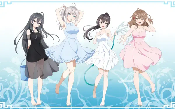 Anime HD desktop wallpaper featuring Alya Sometimes Hides Her Feelings in Russian with characters Alisa Mikhailovna Kujou and Yuki Suou in pastel-colored dresses.