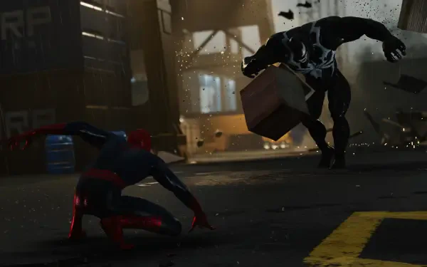 4K Ultra HD PC desktop wallpaper featuring Spider-Man in a dynamic city battle scene, with intense lighting and action-packed detail.