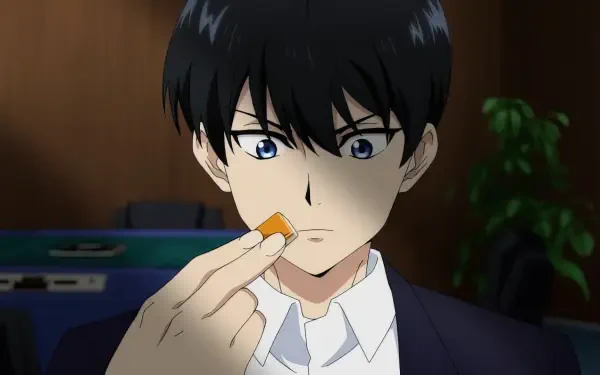 A character from the anime Touhai: Ura Rate Mahjong Touhai Roku holds a mahjong tile, showcasing a moment of concentration. This HD image serves as a desktop wallpaper.