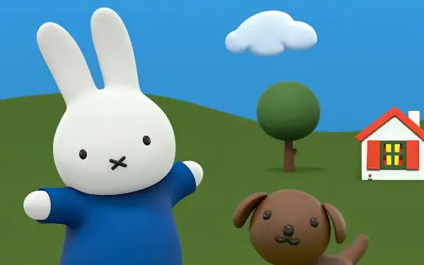 HD desktop wallpaper featuring Miffy, a cheerful bunny in a blue shirt, alongside a playful brown dog, set against a vibrant landscape with a tree, cloud, and a cozy house.