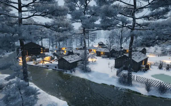 A serene winter landscape from the video game Sengoku Dynasty, featuring cozy wooden structures and a gently flowing stream surrounded by snowy trees, creating a peaceful atmosphere.