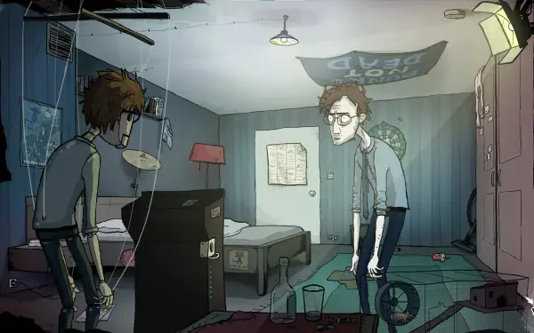 HD PC desktop wallpaper from the video game Mindlock - The Apartment, depicting a dimly lit room with a character facing his distorted reflection.