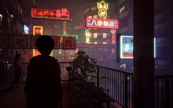 A captivating HD wallpaper from the video game Slitterhead, featuring a silhouetted figure gazing over a neon-lit urban landscape filled with vibrant signs and a mysterious atmosphere.