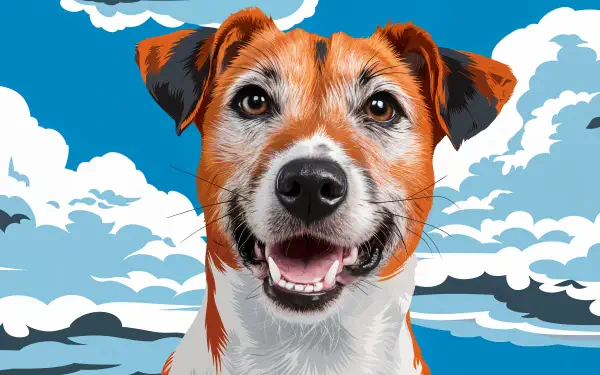 A vibrant 4K Ultra HD wallpaper featuring a cheerful Jack Russell Terrier against a backdrop of blue skies and fluffy clouds, showcasing its playful spirit and charm.