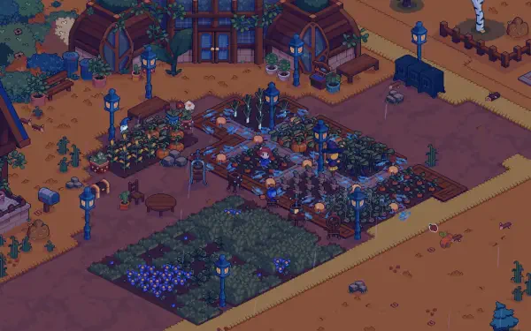 A vibrant HD PC desktop wallpaper featuring a scene from the video game Everholm, showcasing a bustling garden and charming structures under a colorful sky.