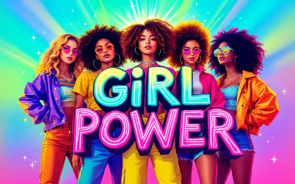 A vibrant 4K Ultra HD wallpaper featuring a diverse group of confident women celebrating girl power, surrounded by colorful backgrounds and stylish outfits.