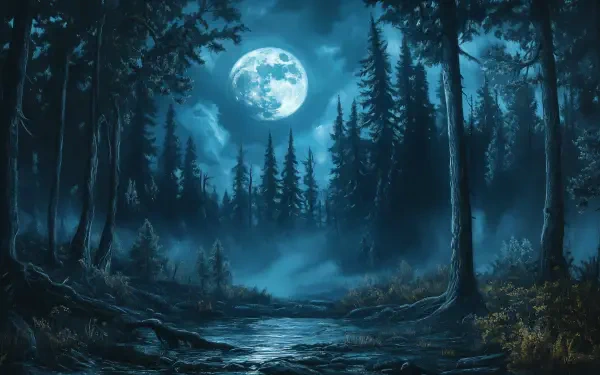 A moonlit forest under a full moon glows in the night, with tall trees rising around a serene waterway, creating a tranquil and atmospheric scene. 4K Ultra HD wallpaper.