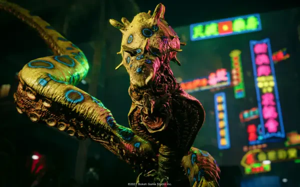 A vibrant HD wallpaper from the video game Slitterhead, featuring a striking creature with intricate details against a backdrop of colorful neon signs.