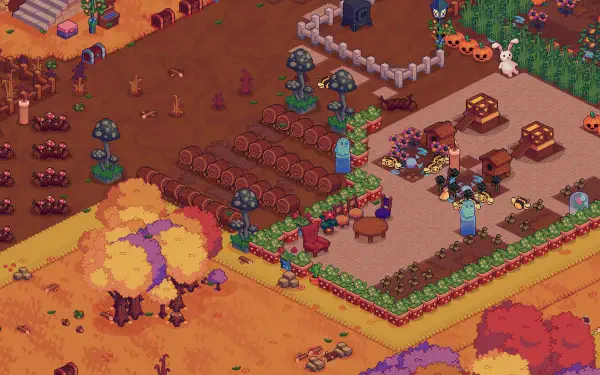 HD PC desktop wallpaper from the video game Everholm, showcasing an autumnal farm scene with crops, trees, and characters in a pixel art style.