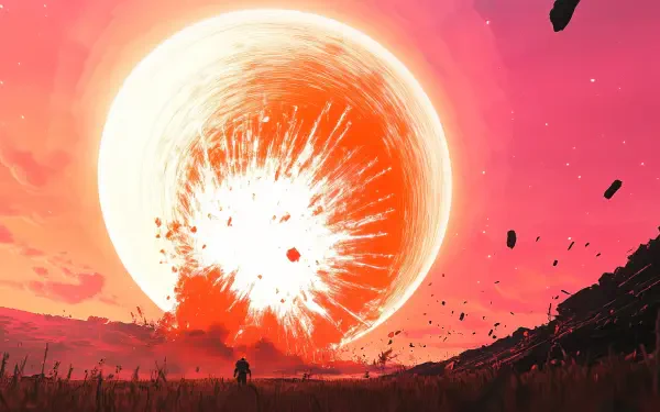 A dramatic explosion threatens a planet, set against a vivid pink sky. This captivating HD wallpaper captures the essence of planetary destruction in stunning detail.