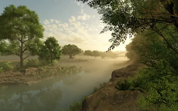 A serene landscape featuring a misty river surrounded by lush trees, designed as a high-definition wallpaper for Farming Simulator 25, showcasing the beauty of nature in gaming.