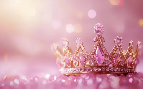 A close-up of a glittering pink princess crown adorned with jewels, set against a soft pink background, creating a dreamy pink aesthetic in 4K Ultra HD.