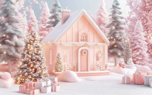 A dreamy Christmas scene featuring a pastel pink cottage surrounded by snowy trees and sparkling lights, creating a cozy and enchanting holiday aesthetic. HD desktop wallpaper.