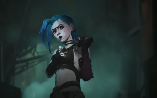 HD PC desktop wallpaper featuring Jinx from the TV show Arcane, based on League of Legends, with her signature blue hair and intense expression in a dark setting.