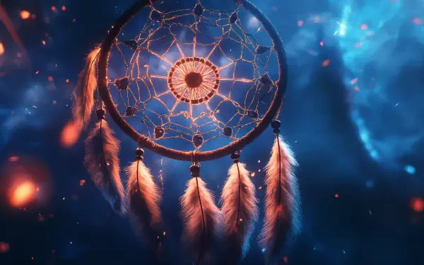 A stunning dreamcatcher glows against a cosmic background, featuring intricate webbing and delicate feathers, perfect as a 4K Ultra HD desktop wallpaper.