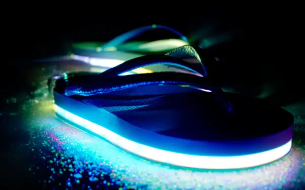 A close-up of illuminated flip flops with glowing edges, set against a dark backdrop, creating a vibrant and eye-catching 4K Ultra HD wallpaper and background.