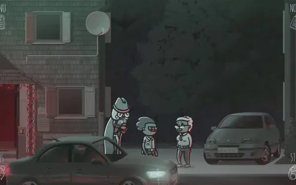 A vibrant HD wallpaper from the video game Mindcop, depicting quirky cartoon characters in a nighttime street scene, blending mystery and humor in a stylized setting.