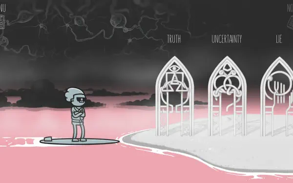 A stylized illustration from the video game Mindcop, featuring a character on a surfboard facing three arches labeled Truth, Uncertainty, and Lie against a surreal backdrop.