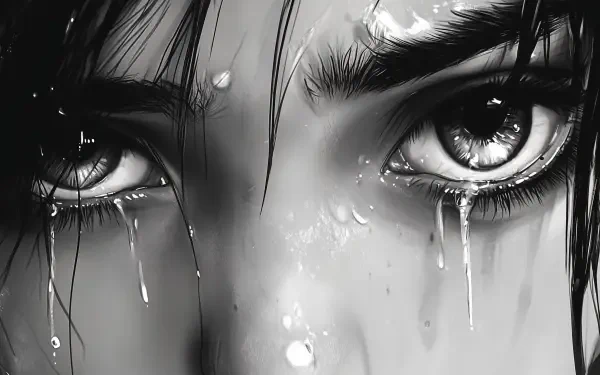 A close-up of a woman's face, showcasing her sad expression with tears streaming down her cheeks. The image features high contrast and detailed textures, suitable for a 4K Ultra HD background.