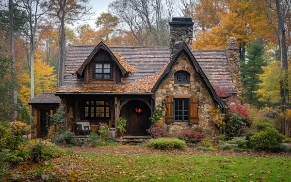 A cozy cottage nestled among vibrant autumn foliage, showcasing rustic stonework and a welcoming porch, depicted in stunning 4K Ultra HD for a beautiful desktop wallpaper.