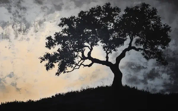 Silhouette of a lone tree on a grassy hill against a moody sky, creating a striking contrast. A stunning 4K Ultra HD wallpaper for your PC desktop background.