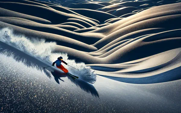 A skier gracefully carves through a snowy landscape, showcasing dynamic movement against a backdrop of undulating snowdrifts, captured in stunning 4K Ultra HD for a striking desktop wallpaper.