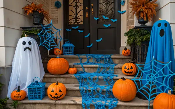 A vibrant Halloween scene featuring carved pumpkins, blue bats, whimsical ghosts, and spiderwebs decorating steps and planters, set in a rich, autumn backdrop. 4K Ultra HD quality.