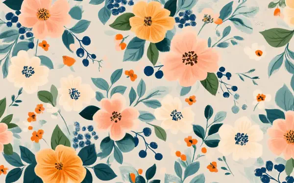 A vibrant floral pattern featuring large blossoms in peach and yellow, surrounded by green leaves and small blue accents, showcased as a 4K Ultra HD PC desktop wallpaper.